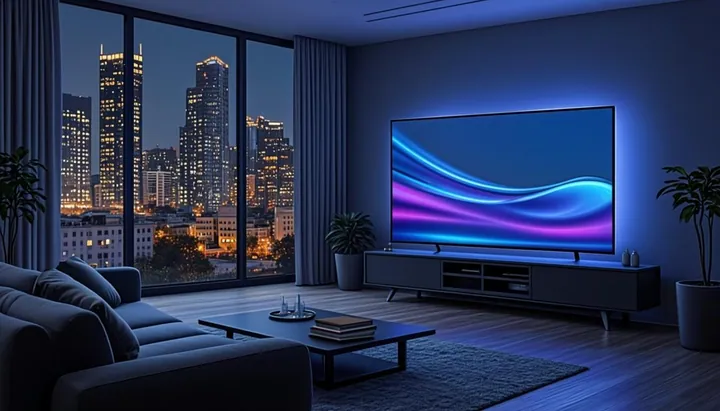 Salon high-tech moderne de 2026 avec télévision ultrafine et éclairage connecté bleu et cyan