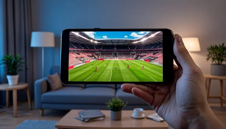 Smartphone Android diffusant un match de football en streaming IPTV dans un salon confortable