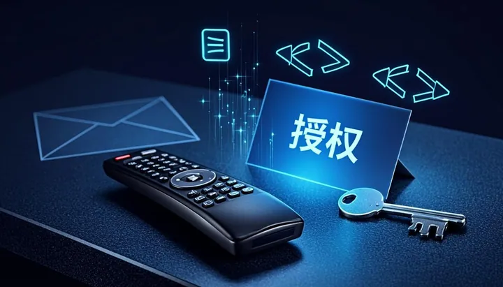 Concept visuel d'un code IPTV : carte d'accès lumineuse et télécommande sur un bureau moderne