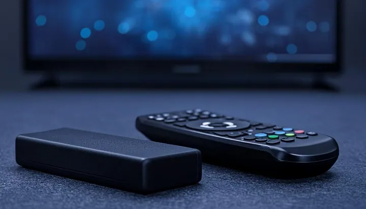 Clé Fire TV Stick et sa télécommande sur une table de salon face à un écran flouté