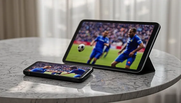 iPhone et iPad diffusant des contenus IPTV colorés sur une table en marbre