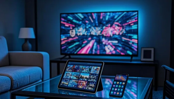 Famille utilisant plusieurs écrans connectés simultanément : télévision, tablette et smartphone
