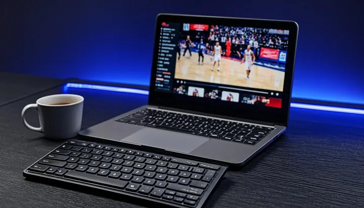 Ordinateur portable affichant un lecteur IPTV avec liste de chaînes sur un bureau moderne