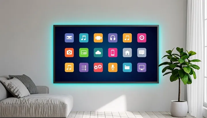 Télévision intelligente murale affichant une grille d'applications IPTV dans un intérieur lumineux