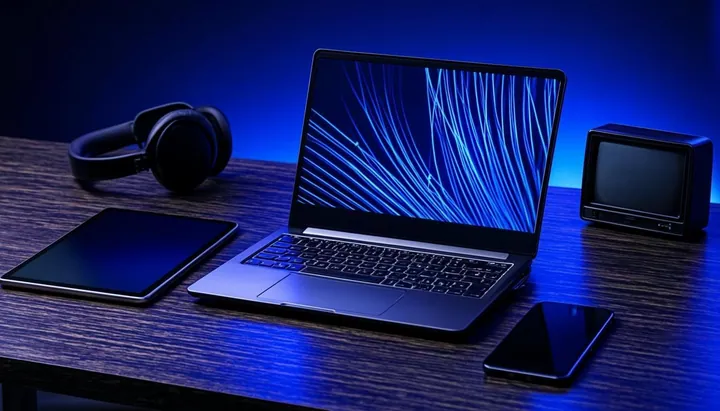 Tableau de bord des connaissances IPTV avec ordinateur portable, tablette et casque audio