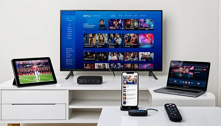 Écosystème d'appareils compatibles IPTV : télévision, tablette, smartphone, ordinateur portable et clé de streaming posés sur un meuble TV