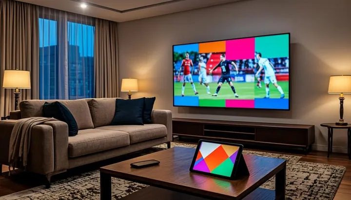 Salon moderne avec télévision 4K connectée affichant une interface de streaming IPTV, smartphone et tablette posés sur la table basse